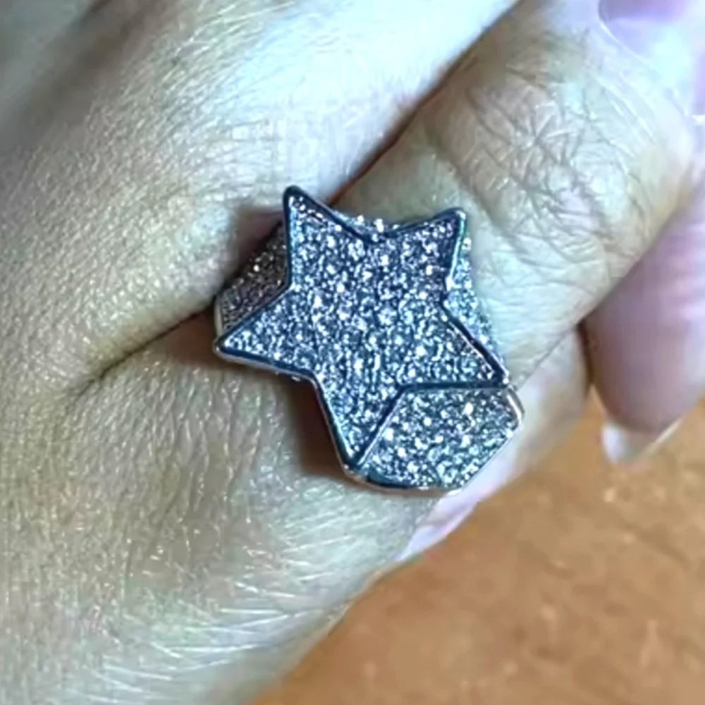 Unisex Blinged Out Silver Geometric Star Ring Sz 10